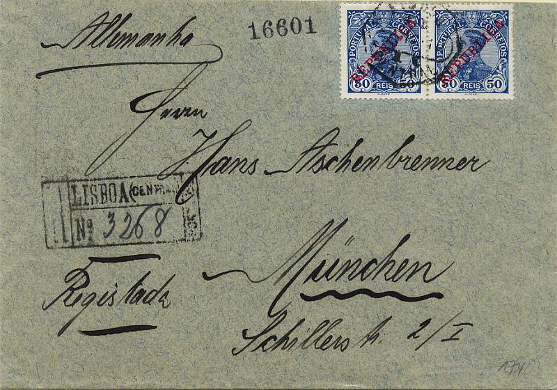 0419.jpg -     Lote:    419            Colecção Clássica - 2.ª parte       Descrição:         1910 &mdash; D. Manuel II com sobrecarga REPUBLICA. Sobrescrito circulado registado de Lisboa (07.12.1910) para Munique (11.12.1910) com par de selos de 50 reis azul CE176. MB.        Carta       Valor Base:     &euro; 25,00     Valor Venda:     Retirado     