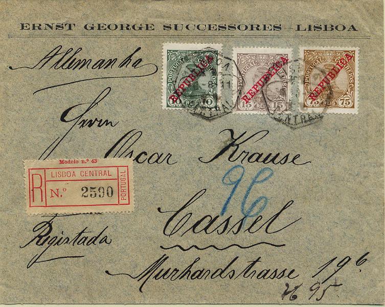 0420.jpg -     Lote:    420            Colecção Clássica - 2.ª parte       Descrição:         1910 &mdash; D. Manuel II com sobrecarga REPUBLICA. Sobrescrito circulado registado de Lisboa (06.08.1911) para a Alemanha (11.08.1911) com selos de 10, 15 e 75 reis CE172, 173 e 177. MB.        Carta       Valor Base:     &euro; 30,00     Valor Venda:     Retirado     