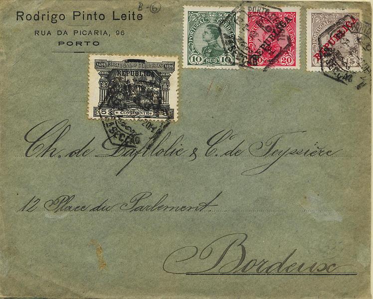 0422.jpg -     Lote:    422            Colecção Clássica - 2.ª parte       Descrição:         1910/11 &mdash; D. Manuel II com sobrecarga REPUBLICA + 4.º Centenário do Descobrimento do Caminho Marítimo para a Índia, selos de porteado do Continente com sobrecarga REPUBLICA. Sobrescrito circulado de Lisboa (13.02.1912) para França com selos de 10, 15 e 20 reis CE172, 173 e 174 + 5 reis CE192.        Carta       Valor Base:     &euro; 20,00     Valor Venda:     Retirado     