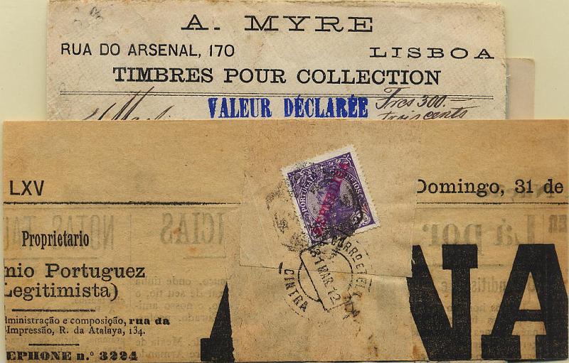 0425.jpg -     Lote:    425            Colecção Clássica - 2.ª parte       Descrição:         1910 &mdash; D. Manuel II com sobrecarga REPUBLICA. Lote composto por fragmento de jornal + 4 cartas + frente de carta com valor declarado + um postal ilustrado, com diferentes taxas. Lote a ver.        Lote       Valor Base:     &euro; 20,00     Valor Venda:     Retirado     