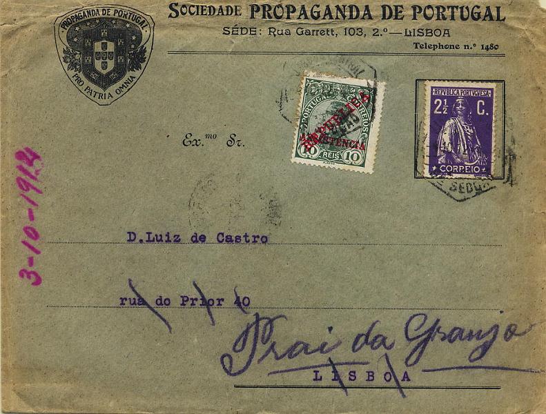 0426.jpg -     Lote:    426            Colecção Clássica - 2.ª parte       Descrição:         1910/12 &mdash; D. Manuel II com sobrecarga REPUBLICA e ASSISTÊNCIA * Imposto Postal + Ceres. Sobrescrito timbrado da Sociedade Propaganda de Portugal, circulado de Lisboa (04.10.12) para a Praia da Granja com selos de 2 &frac12; C CE211 + selo de imposto postal de 10 reis CE IPT1.        Carta       Valor Base:     &euro; 5,00     Valor Venda:     &euro; 8,00     