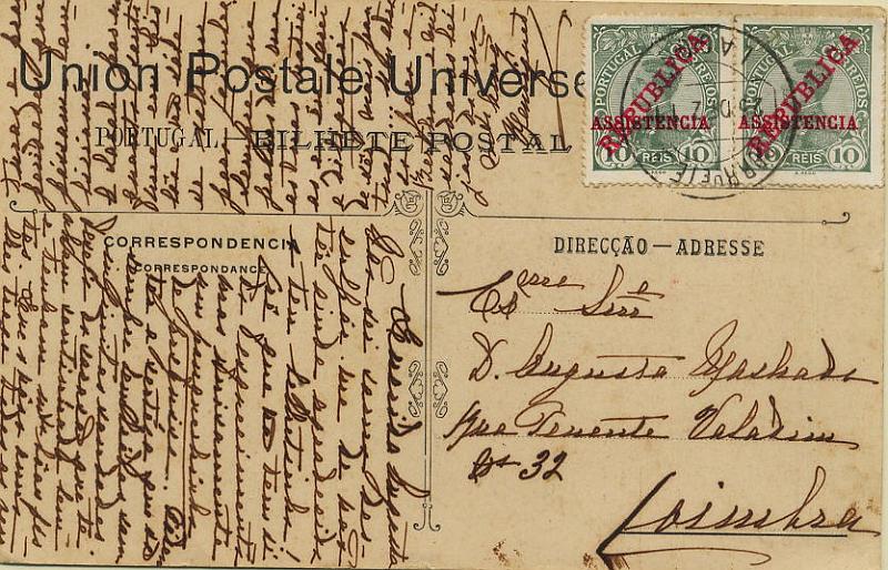 0427.jpg -     Lote:    427            Colecção Clássica - 2.ª parte       Descrição:         1910 &mdash; D. Manuel II com sobrecarga REPUBLICA e ASSISTÊNCIA * Imposto Postal. Postal ilustrado circulado de Lagoa (25.11.11) para Coimbra com dois selos de 10 reis do imposto postal. Um para pagamento do imposto e outro circulado como selo de recurso do correio ordinário. CE IPT1.        PI       Valor Base:     &euro; 5,00     Valor Venda:     &euro; 5,00     