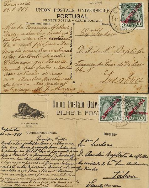 0428.jpg -     Lote:    428            Colecção Clássica - 2.ª parte       Descrição:         1910/12 &mdash; D. Manuel II com sobrecarga REPUBLICA e ASSISTÊNCIA * Imposto Postal. Lote de dois postais ilustrados: um com selo do imposto de 10 reis IPT1, utilizado como selo de recurso do correio ordinário e outro com selo de 10 reis do imposto com a sobrecarga ASSISTÊNCIA deslocada.        PI       Valor Base:     &euro; 8,00     Valor Venda:     &euro; 8,00     