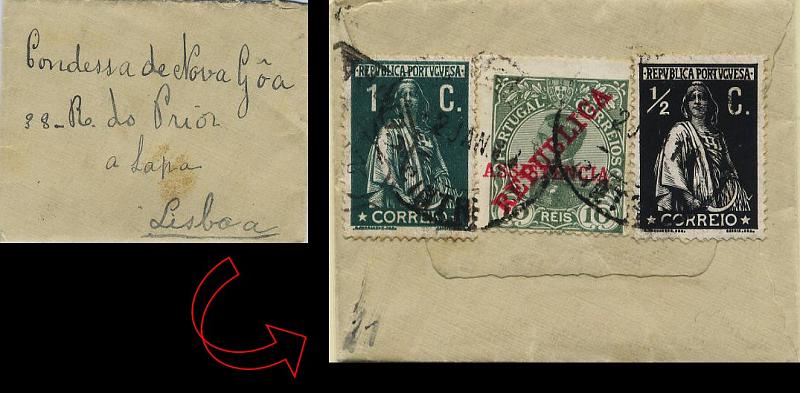 0429.jpg -     Lote:    429            Colecção Clássica - 2.ª parte       Descrição:         1910/12 &mdash; D D. Manuel II com sobrecarga REPUBLICA e ASSISTÊNCIA * Imposto Postal + Ceres. Sobrescrito de reduzidas dimensões circulado de Sintra (02.01.12) para Lisboa com selo de 10 do imposto postal CE IPT1, utilizado como selo de recurso do correio ordinário + selos de &frac12; e 1 C tipo Ceres CE207 e 208.        Carta       Valor Base:     &euro; 5,00     Valor Venda:     &euro; 24,00     