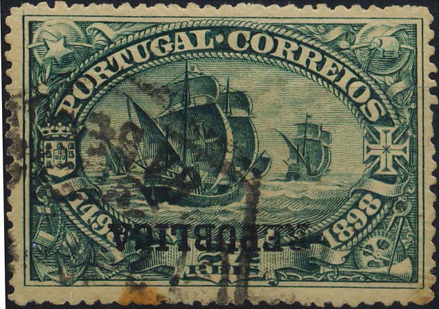 0431.jpg -     Lote:    431            Colecção Clássica - 2.ª parte       Descrição:         1911 &mdash; 4.º Centenário do Descobrimento do Caminho Marítimo para a Índia com sobrecarga REPUBLICA sobre selos do Continente. CE184, 2 &frac12; reis verde azul. Selo com a sobrecarga invertida. Valor de catálogo 22,80.        O       Valor Base:     &euro; 6,00     Valor Venda:     Retirado     