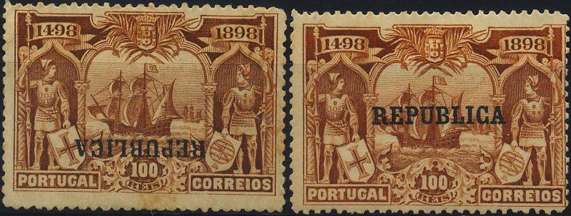 0433.jpg -     Lote:    433            Colecção Clássica - 2.ª parte       Descrição:         1911 &mdash; 4.º Centenário do Descobrimento do Caminho Marítimo para a Índia com sobrecarga REPUBLICA sobre selos do Continente. CE190, 100 reis castanho amarelo. Lote de dois selos: um com sobrecarga invertida (ligeiros pontos de óxido no verso) e selo com a sobrecarga deslocada (a meio do selo).         **       Valor Base:     &euro; 18,00     Valor Venda:     &euro; 22,00     