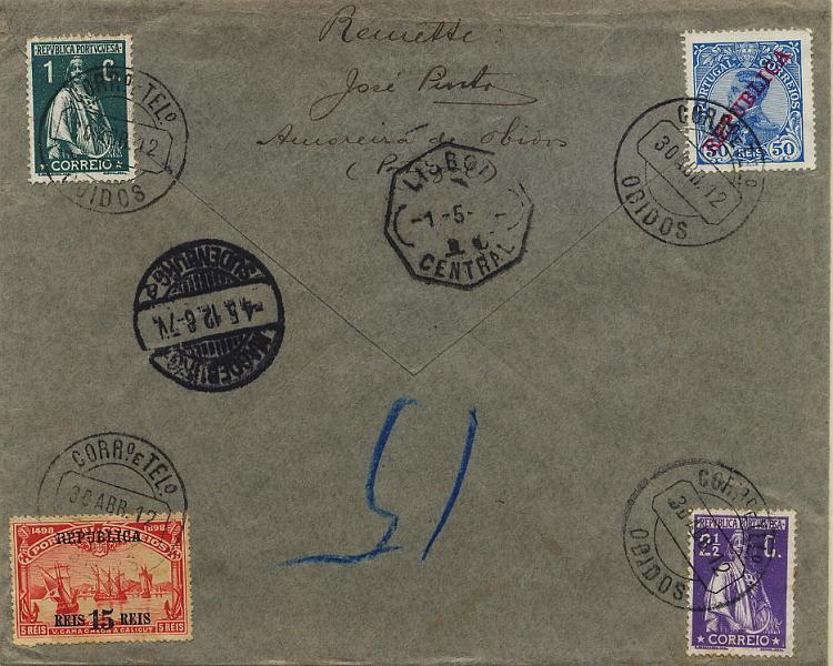 0436.jpg -     Lote:    436            Colecção Clássica - 2.ª parte       Descrição:         1911/1912 &mdash; D. Manuel II com sobrecarga REPUBLICA + 4.º Centenário do Descobrimento do Caminho Marítimo para a Índia com sobrecarga REPUBLICA sobre selos do Continente + Ceres. Sobrescrito circulado registado de Óbidos (30.04.12) para a Alemanha (04.05.12) com trânsito por Lisboa (01.05.12), com selos de 50 reis CE176, 15 s/ 5 reis CE185, 1 e 2 &frac12; C CE208 e 211.        Carta       Valor Base:     &euro; 20,00     Valor Venda:     &euro; 24,00     