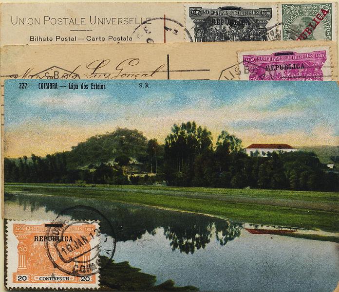 0443.jpg -     Lote:    443            Colecção Clássica - 2.ª parte       Descrição:         1911 &mdash; 4.º Centenário do Descobrimento do Caminho Marítimo para a Índia com sobrecarga REPUBLICA sobre selos de porteado do Continente. Lote de 3 postais ilustrados com selos de 5, 10 e 20 reis. Lote a ver.        Lote       Valor Base:     &euro; 6,00     Valor Venda:     &euro; 6,00     