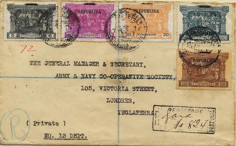 0444.jpg -     Lote:    444            Colecção Clássica - 2.ª parte       Descrição:         1911 &mdash; 4.º Centenário do Descobrimento do Caminho Marítimo para a Índia com sobrecarga REPUBLICA sobre selos de porteado do Continente. Sobrescrito circulado registado de Vila Nova de Gaia (15.12.11) para Londres (19.12.11) com trânsito pelo Porto (15.12.11) com selos de 5, 10, 20, 200 e 300 s/50 reis CE192/196. MB e MR.        Carta       Valor Base:     &euro; 250,00     Valor Venda:     Retirado     