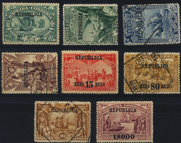 0445.jpg -     Lote:    445            Colecção Clássica - 2.ª parte       Descrição:         1911 &mdash; 4.º Centenário do Descobrimento do Caminho Marítimo para a Índia com sobrecarga REPUBLICA sobre selos postais da Madeira. CE198/205. Série completa (selos de 50, 75, 80 s/150 e 100 reis usados os restantes novos &mdash; 15 s/ 5 reis com ligeiros pontos de óxido). Lote a ver. Valor de catálogo &euro; 131,00.        O/**       Valor Base:     &euro; 20,00     Valor Venda:     &euro; 30,00     