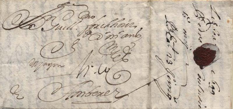 0454.jpg -     Lote:    454            Portugal       Descrição:      Correio-Mor do Reino (Período do 9.º Correio-Mor).   Carta circulada de Lisboa (05.05.1699) para Antuérpia, escrita em flamengo. MB e MR.        Carta       Valor Base:     &euro; 70,00     Valor Venda:     Retirado     