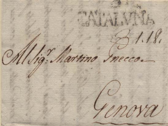 0456.jpg -     Lote:    456            Portugal       Descrição:      Correios-Mores.   Carta datada de Lisboa (25.01.1791) para Génova com trânsito pela Catalunha. Porte manuscrito de 1.18L. Marca "CATALVNA" batida a preto.        Carta       Valor Base:     &euro; 10,00     Valor Venda:     &euro; 14,00     