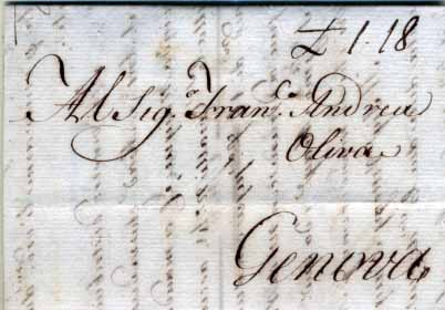0457.jpg -     Lote:    457            Portugal       Descrição:      Correios-Mores &mdash;   Carta circulada de Lisboa (1.11.1787) para Génova (Itália) com porte manuscrito "1.18". MB.        Carta       Valor Base:     &euro; 20,00     Valor Venda:     &euro; 20,00     