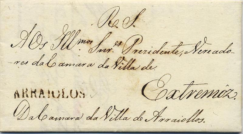0461.jpg -     Lote:    461            Portugal       Descrição:      Arraiolos &mdash;   A sépia, GM ARL1, em carta datada de Arraiolos (07.08.1824) para Estremoz, isenta de porte. MB e R.        Carta       Valor Base:     &euro; 160,00     Valor Venda:     Retirado     