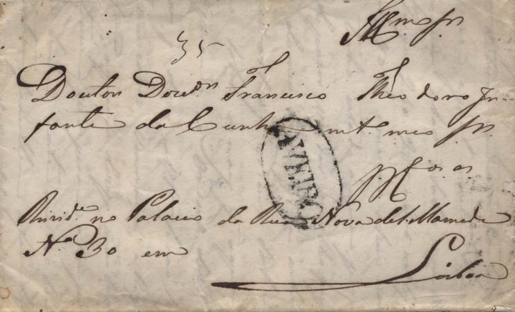0462.jpg -     Lote:    462            Portugal       Descrição:      Aveiro &mdash;   A preto, GM AVR5, em carta datada de Aveiro (19.07.1844) para Lisboa * GM LSB17 (24.07.1844), com o porte de 35 reis manuscrito a sépia. B.        Carta       Valor Base:     &euro; 8,00     Valor Venda:     Retirado     