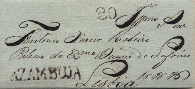 0463.jpg -     Lote:    463            Portugal       Descrição:      Azambuja &mdash;   A sépia, GM AZB1, em carta datada de Azambuja (21.04.1842) para Lisboa (LSB19), com o porte de 20 reis batido a sépia. MB.        Carta       Valor Base:     &euro; 30,00     Valor Venda:     Retirado     