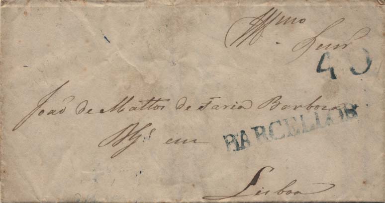 0464.jpg -     Lote:    464            Portugal       Descrição:      Barcellos &mdash;   A azul GM BCL1, em carta datada de Fornelos (15.06.1852), para Lisboa * LSB21 (16.06.1852) e com trânsito pelo Porto * PRT-19V). Porte de 40 reis batido a azul.        Carta       Valor Base:     &euro; 6,00     Valor Venda:     &euro; 6,00     