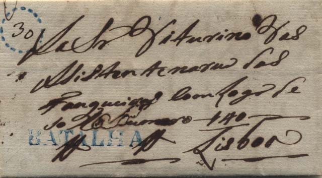 0465.jpg -     Lote:    465            Portugal       Descrição:      Batalha &mdash;   A azul GM BTL1 em carta datada de Rebolaria (10.12.1838) para Lisboa (12.12.38), com o porte de 30 reis manuscrito a sépia, envolvido por cercadura redonda tracejada. MB e R.        Carta       Valor Base:     &euro; 25,00     Valor Venda:     Retirado     