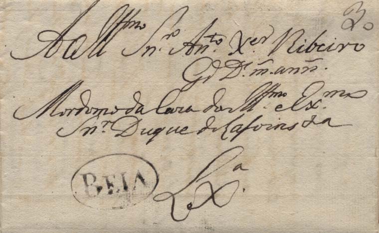 0467.jpg -     Lote:    467            Portugal       Descrição:      Beia &mdash;   A preto, GM BJA2, em carta datada de Beja (22.04.1822) para Lisboa, com o porte de 30 reis manuscrito a sépia. MB.        Carta       Valor Base:     &euro; 15,00     Valor Venda:     &euro; 15,00     