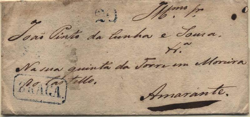 0469.jpg -     Lote:    469            Portugal       Descrição:      Braga &mdash;   A azul, GM BRG4 em carta datada de Braga (30.01.1845) para Amarante, com trânsito pelo Porto * PRT16 (31.01.45) com o porte de 20 reis batido a azul.        Carta       Valor Base:     &euro; 6,00     Valor Venda:     &euro; 6,00     
