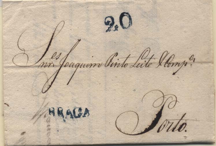 0470.jpg -     Lote:    470            Portugal       Descrição:      Braga &mdash;   A azul, GM BRG2 em carta datada de Braga (19.03.1838) para o Porto, com o porte de 20 reis batido a azul. B.        Carta       Valor Base:     &euro; 6,00     Valor Venda:     &euro; 6,00     