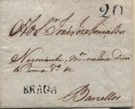 0471.jpg -     Lote:    471            Portugal       Descrição:      Braga &mdash;   A preto, GM BRG2 em carta datada de Braga (22.12.1817) para Barcelos, com o porte de 20 reis batido a preto. MB.        Carta       Valor Base:     &euro; 10,00     Valor Venda:     &euro; 16,00     