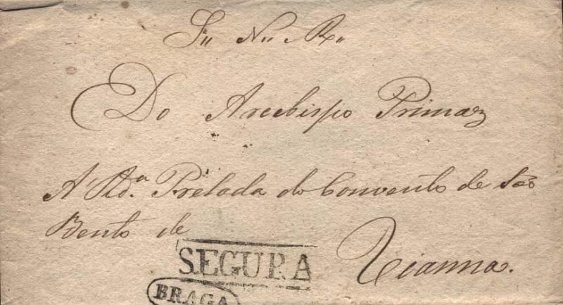 0472.jpg -     Lote:    472            Portugal       Descrição:         Carimbos nominativos &mdash; Carta circulada isenta de franquia (SNR) de Braga (24.01.186?) para Viana. Carimbos batidos a preto SEGURA (GM BRG-S3) e BRAGA (Gordon 79).         Carta       Valor Base:     &euro; 15,00     Valor Venda:     &euro; 32,00     