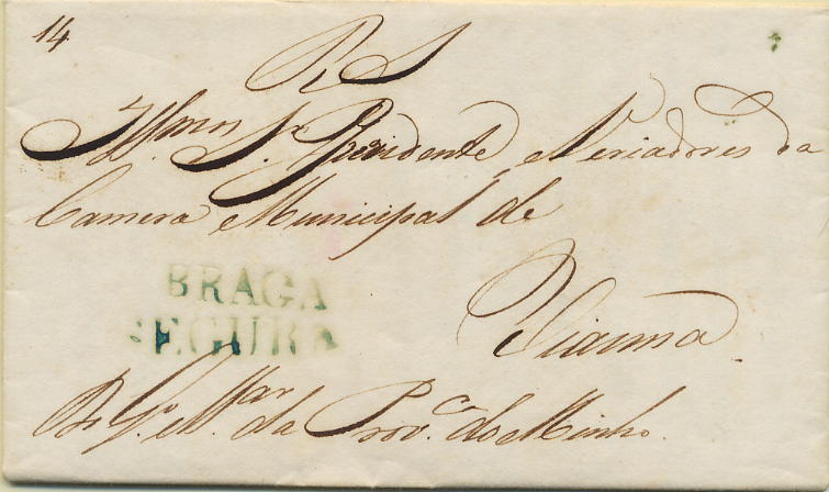 0473.jpg -     Lote:    473            Portugal       Descrição:      Braga / Segura &mdash;   A verde, GM BRG-S1, em carta datada de Braga (12.06.34) para Viana, isenta de porte. Data anterior à mais antiga catalogada, para esta cor.        Carta       Valor Base:     &euro; 150,00     Valor Venda:     Retirado     