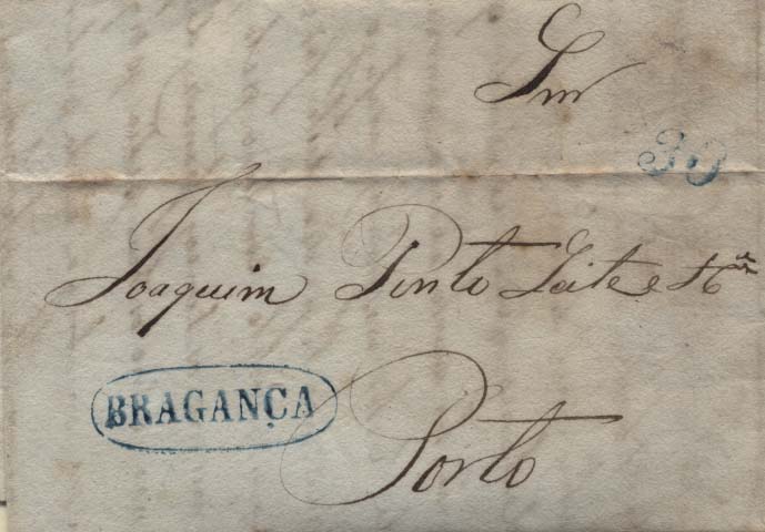 0474.jpg -     Lote:    474            Portugal       Descrição:      Bragança &mdash;   A azul, GM BRG3, em carta datada de Bragança (27.12.1837) para o Porto, com o porte de 30 reis batido a azul. MB.        Carta       Valor Base:     &euro; 16,00     Valor Venda:     &euro; 22,00     