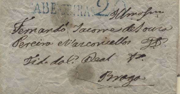 0475.jpg -     Lote:    475            Portugal       Descrição:      Cabeceiras &mdash;   A azul, GM CBC2, em carta datada de Cabeceiras (26.10.1843) para Braga, com o porte de 20 reis batido a azul. Corte vertical, atravessando a marca.        Carta       Valor Base:     &euro; 6,00     Valor Venda:     &euro; 8,00     