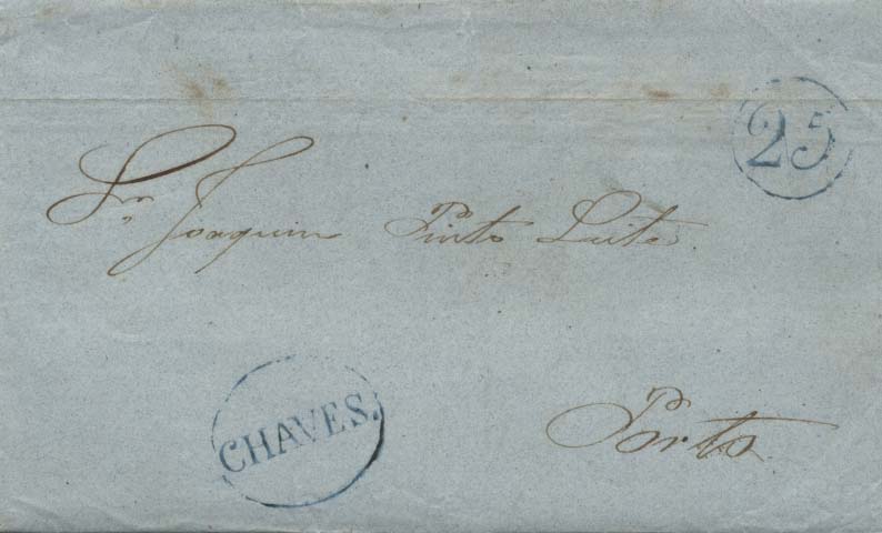 0479.jpg -     Lote:    479            Portugal       Descrição:      Chaves &mdash;   A azul, GM CHV4 em carta datada de Chaves (09.06.1846) para o Porto (12.06.46) com o porte de 25 reis batido a azul.         Carta       Valor Base:     &euro; 8,00     Valor Venda:     &euro; 10,00     