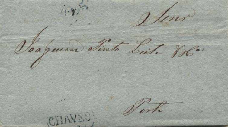 0480.jpg -     Lote:    480            Portugal       Descrição:      Chaves &mdash;   A verde, GM CHV4 em carta datada de Chaves (10.07.1838) para o Porto, com o porte de 25 reis batido a verde. Desconhecida nesta cor neste período, porém pode ser uma variante do azul em virtude da qualidade do papel ou do envelhecimento.        Carta       Valor Base:     &euro; 15,00     Valor Venda:     Retirado     