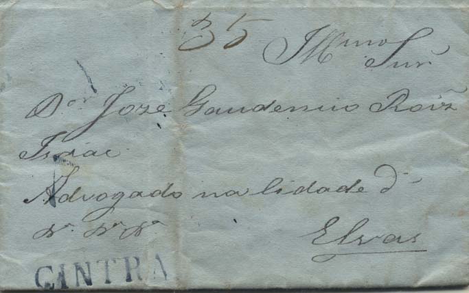 0481.jpg -     Lote:    481            Portugal       Descrição:      Cintra &mdash;   A azul, GM SNT1 em carta circulada de Sintra (01.04.46) para Elvas com trânsito por Lisboa (02.04.46). Porte de 35 reis manuscrito a sépia.         Carta       Valor Base:     &euro; 35,00     Valor Venda:     &euro; 35,00     