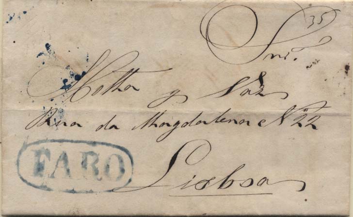 0491.jpg -     Lote:    491            Portugal       Descrição:      Faro &mdash;   A azul, GM FAR3 em carta datada de Faro (16.05.1841) para Lisboa (19.05.41) com o porte de 35 reis manuscrito a sépia.        Carta       Valor Base:     &euro; 8,00     Valor Venda:     &euro; 10,00     
