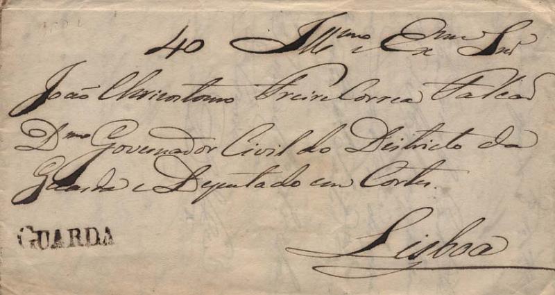 0493.jpg -     Lote:    493            Portugal       Descrição:      Guarda &mdash;   A sépia, GM GRD2 em carta datada da Guarda (20.05.49) para Lisboa (25.05.49) com o porte de 40 reis manuscrito a sépia. Carta dirigida ao Governador Civil do Distrito da Guarda e Deputado da Corte João Chrisotomo Freire Correa Falcão.        Carta       Valor Base:     &euro; 40,00     Valor Venda:     &euro; 40,00     