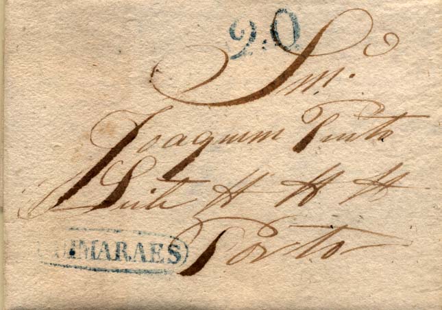0497.jpg -     Lote:    497            Portugal       Descrição:      Guimarães &mdash;   A azul, GM GMR2 em carta datada de Guimarães (07.11.42) para o Porto, com o porte de 20 reis batido a azul. B.        Carta       Valor Base:     &euro; 8,00     Valor Venda:     &euro; 8,00     