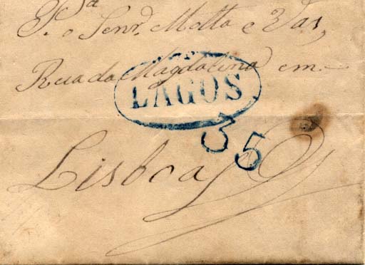 0498.jpg -     Lote:    498            Portugal       Descrição:      Lagos -   A azul, GM LGS3 em carta datada de Lagos (28.11.1842) para Lisboa, com o porte de 35 reis batido a azul. MB.        Carta       Valor Base:     &euro; 30,00     Valor Venda:     Retirado     