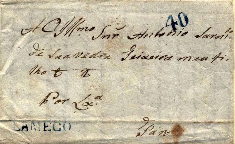 0502.jpg -     Lote:    502            Portugal       Descrição:      Lamego &mdash;   A azul, GM LMG1 em carta datada de Tarouca (18.10.1838) para Faro (referência manuscrita "Por Lx.ª"), com o porte de 40 reis batido a azul. B.        Carta       Valor Base:     &euro; 10,00     Valor Venda:     &euro; 10,00     