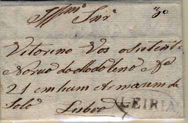 0503.jpg -     Lote:    503            Portugal       Descrição:      Leiria &mdash;   A sépia, GM LRA3, em carta datada de Abadia (21.02.46) para Lisboa, com o porte de 30 reis manuscrito a sépia. B.        Carta       Valor Base:     &euro; 15,00     Valor Venda:     &euro; 18,00     
