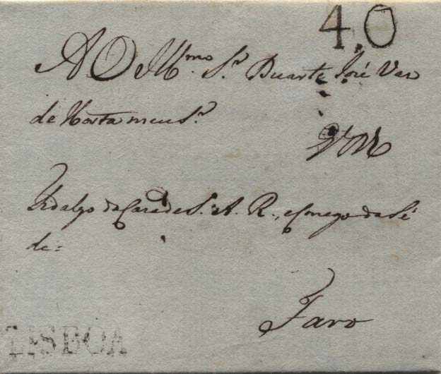 0509.jpg -     Lote:    509            Portugal       Descrição:      Lisboa &mdash;   A preto, GM LSB1 em carta datada de Lisboa (01.07.1800) para Faro com o porte de 40 reis batido a preto.        Carta       Valor Base:     &euro; 20,00     Valor Venda:     &euro; 20,00     