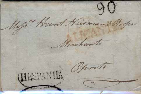 0520.jpg -     Lote:    520            Portugal       Descrição:      Lisboa / Hespanha &mdash;   A preto, GM LSB-OE3, em carta datada de Alicante (09.02.1816) para o Porto, com o porte de 90 reis batido a preto. MB..        Carta       Valor Base:     &euro; 40,00     Valor Venda:     Retirado     