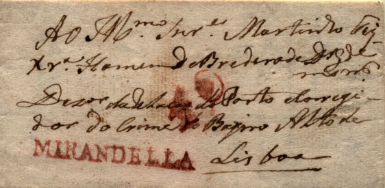 0527.jpg -     Lote:    527            Portugal       Descrição:      Mirandela &mdash;   A vermelho, GM MDL2 em carta não datada, circulada de Mirandela para Lisboa, com o porte de 40 reis batido a vermelho.        Carta       Valor Base:     &euro; 8,00     Valor Venda:     &euro; 18,00     