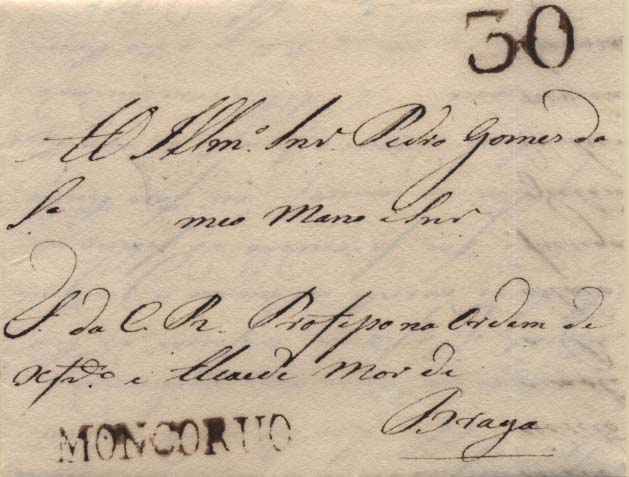 0530.jpg -     Lote:    530            Portugal       Descrição:      Moncorvo &mdash;   A sépia, GM TMC2, em carta datada de Mogadouro (05.04.??) para Braga, com o porte de 30 reis batido a sépia. MB.        Carta       Valor Base:     &euro; 30,00     Valor Venda:     &euro; 44,00     