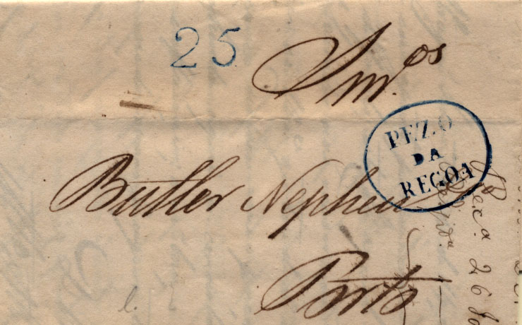 0533.jpg -     Lote:    533            Portugal       Descrição:      Pezo da Regoa &mdash;   A azul, GM PRG3, em carta datada da Régua (25.01.41) para o Porto, com o porte de 25 reis batido a azul. MB.        Carta       Valor Base:     &euro; 45,00     Valor Venda:     Retirado     