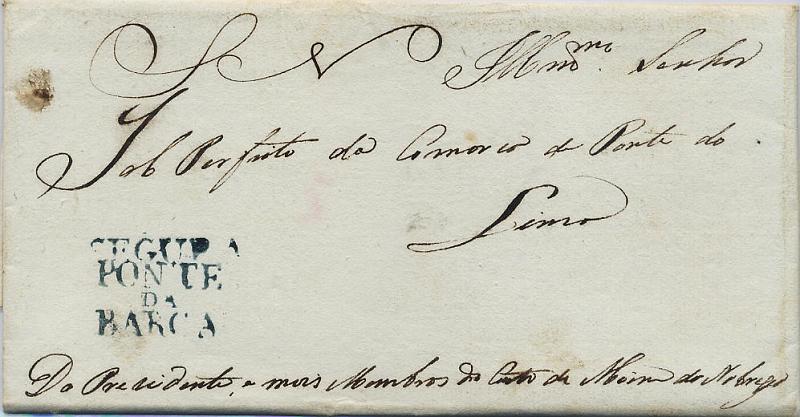 0538.jpg -     Lote:    538            Portugal       Descrição:      Ponte da Barca / Segura &mdash;   A azul, GM PTB-S1, em carta datada de Ponte da Barca (29.01.1835) para Ponte de Lima, isenta de porte. Mb e MR.        Carta       Valor Base:     &euro; 200,00     Valor Venda:     Retirado     