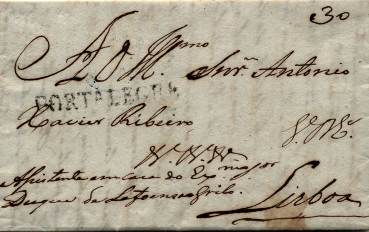 0540.jpg -     Lote:    540            Portugal       Descrição:      Portalegre &mdash;   A preto, GM PTG1, em carta circulada de Portalegre (26.01.41) para Lisboa (29.01.41) com o porte de 30 reis manuscrito.        Carta       Valor Base:     &euro; 25,00     Valor Venda:     &euro; 36,00     