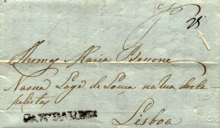 0543.jpg -     Lote:    543            Portugal       Descrição:      Santarém &mdash;   A preto, GM STR2, em carta datada de Santarém (13.08.33) para Lisboa, com o porte de 25 reis manuscrito a sépia. Carimbo ligeiramente borrado.        Carta       Valor Base:     &euro; 16,00     Valor Venda:     Retirado     