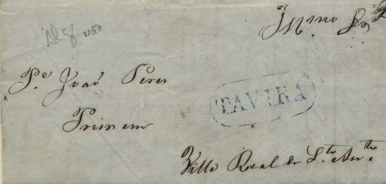 0546.jpg -     Lote:    546            Portugal       Descrição:      Tavira &mdash;   A azul, GM TVR4, em carta datada de Tavira (27.07.48) para Vila Real de S. António, com o porte de 20 reis manuscrito a sépia.        Carta       Valor Base:     &euro; 10,00     Valor Venda:     &euro; 14,00     