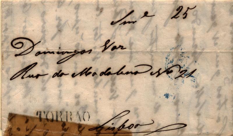 0547.jpg -     Lote:    547            Portugal       Descrição:      Torrão &mdash;   A preto, GM TRR1, em carta datada de Torrão (29.08.48) para Lisboa, com o porte de 25 reis manuscrito a sépia. Mancha amarela provocada pela utilização de fita-cola em pequeno rasgão no canto inferior esquerdo. Marca muito bem batida.        Carta       Valor Base:     &euro; 100,00     Valor Venda:     Retirado     