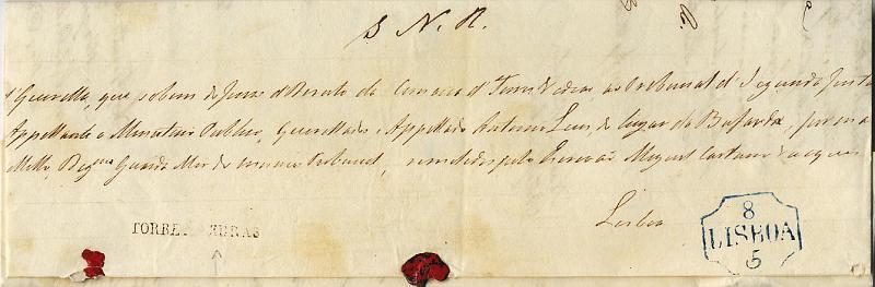 0549.jpg -     Lote:    549            Portugal       Descrição:      Torres Vedras &mdash;   A sépia, GM TDV3, em carta datada de Torres Vedras (07.05.1846) para Lisboa (08.05.46), isenta de porte.        Carta       Valor Base:     &euro; 80,00     Valor Venda:     Retirado     